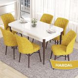 Canisa Concept Eva Serisi 80X132 Açılabilir Mdf Beyaz Masa Ceviz Ayak Mutfak Masa Takımı ve 6 Sandalye - Hardal