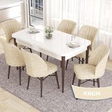 Canisa Concept Eva Serisi 80X132 Açılabilir Mdf Beyaz Masa Ceviz Ayak Mutfak Masa Takımı ve 6 Sandalye - Krem