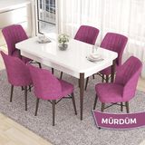 Canisa Concept Eva Serisi 80X132 Açılabilir Mdf Beyaz Masa Ceviz Ayak Mutfak Masa Takımı ve 6 Sandalye - Mor
