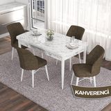 Canisa Concept Eva Serisi 80X132 Açılabilir Mdf Beyaz Mermer Desen Masa Mutfak Masa Takımı ve 4 Sandalye - Kahverengi