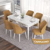 Canisa Concept Eva Serisi 80X132 Açılabilir Mdf Beyaz Mermer Desen Mutfak Masa Takımı ve 6 Sandalye - Cappucino