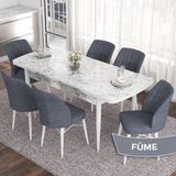 Canisa Concept Eva Serisi 80X132 Açılabilir Mdf Beyaz Mermer Desen Mutfak Masa Takımı ve 6 Sandalye - Füme