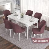 Canisa Concept Eva Serisi 80X132 Açılabilir Mdf Beyaz Mermer Desen Mutfak Masa Takımı ve 6 Sandalye - Gülkurusu