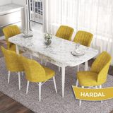 Canisa Concept Eva Serisi 80X132 Açılabilir Mdf Beyaz Mermer Desen Mutfak Masa Takımı ve 6 Sandalye - Hardal
