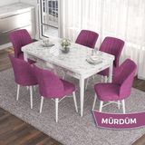 Canisa Concept Eva Serisi 80X132 Açılabilir Mdf Beyaz Mermer Desen Mutfak Masa Takımı ve 6 Sandalye - Mor