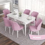 Canisa Concept Eva Serisi 80X132 Açılabilir Mdf Beyaz Mermer Desen Mutfak Masa Takımı ve 6 Sandalye - Pembe