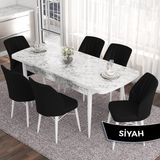 Canisa Concept Eva Serisi 80X132 Açılabilir Mdf Beyaz Mermer Desen Mutfak Masa Takımı ve 6 Sandalye - Siyah
