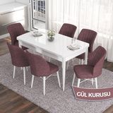 Canisa Concept Eva Serisi 80X132 Açılabilir Mdf Beyaz Mutfak Masa Takımı ve 6 Sandalye - Gülkurusu