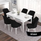 Canisa Concept Eva Serisi 80X132 Açılabilir Mdf Beyaz Mutfak Masa Takımı ve 6 Sandalye - Siyah