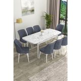 Canisa Concept Eva Serisi Mdf Beyaz Mermer Desenli Açılabilir Mutfak Masa Takımı/beyaz Mermer Desenli Masa + 8 Adet Sandalye - 80 x 132 cm - Antrasit