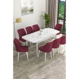 Canisa Concept Eva Serisi Mdf Beyaz Mermer Desenli Açılabilir Mutfak Masa Takımı/beyaz Mermer Desenli Masa + 8 Adet Sandalye - 80 x 132 cm - Bordo
