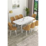 Canisa Concept Eva Serisi Mdf Beyaz Mermer Desenli Açılabilir Mutfak Masa Takımı/beyaz Mermer Desenli Masa + 8 Adet Sandalye - 80 x 132 cm - Cappuccino
