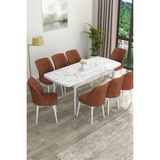 Canisa Concept Eva Serisi Mdf Beyaz Mermer Desenli Açılabilir Mutfak Masa Takımı/beyaz Mermer Desenli Masa + 8 Adet Sandalye - 80 x 132 cm - Ceviz - Kiremit