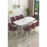 Canisa Concept Eva Serisi Mdf Beyaz Mermer Desenli Açılabilir Mutfak Masa Takımı/beyaz Mermer Desenli Masa + 8 Adet Sandalye - 80 x 132 cm - Gül Kurusu