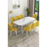Canisa Concept Eva Serisi Mdf Beyaz Mermer Desenli Açılabilir Mutfak Masa Takımı/beyaz Mermer Desenli Masa + 8 Adet Sandalye - 80 x 132 cm - Hardal