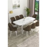 Canisa Concept Eva Serisi Mdf Beyaz Mermer Desenli Açılabilir Mutfak Masa Takımı/beyaz Mermer Desenli Masa + 8 Adet Sandalye - 80 x 132 cm - Kahverengi