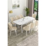 Canisa Concept Eva Serisi Mdf Beyaz Mermer Desenli Açılabilir Mutfak Masa Takımı/beyaz Mermer Desenli Masa + 8 Adet Sandalye - 80 x 132 cm - Krem