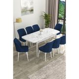 Canisa Concept Eva Serisi Mdf Beyaz Mermer Desenli Açılabilir Mutfak Masa Takımı/beyaz Mermer Desenli Masa + 8 Adet Sandalye - 80 x 132 cm - Lacivert