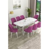 Canisa Concept Eva Serisi Mdf Beyaz Mermer Desenli Açılabilir Mutfak Masa Takımı/beyaz Mermer Desenli Masa + 8 Adet Sandalye - 80 x 132 cm - Mor