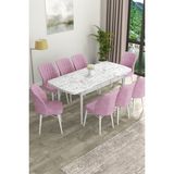 Canisa Concept Eva Serisi Mdf Beyaz Mermer Desenli Açılabilir Mutfak Masa Takımı/beyaz Mermer Desenli Masa + 8 Adet Sandalye - 80 x 132 cm - Pembe