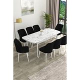 Canisa Concept Eva Serisi Mdf Beyaz Mermer Desenli Açılabilir Mutfak Masa Takımı/beyaz Mermer Desenli Masa + 8 Adet Sandalye - 80 x 132 cm - Siyah