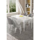 Canisa Concept Gale Serisi 80X132 Açılabilir Lak Panel Beyaz Mermer Desen Mutfak Masa Takımı 4 Gri Sandalye
