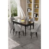 Canisa Concept Gale Serisi 80X132 Açılabilir Lak Panel Siyah Mermer Desen Mutfak Masa Takımı 6 Gri Sandalye