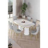 Canisa Concept Galya Serisi Lak Panel 90X168 Sabit Beyaz Mermer Desen Mutfak Masa Takımı 6 Gri Sandalye