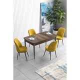 Canisa Concept Han Serisi 70 x 114 cm Açılabilir Mdf Mutfak Masa Takımı Barok Ahşap Desen Masa ve 4 Sandalye - Hardal