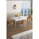 Canisa Concept Han Serisi 70 x 114 Cm, Açılabilir Mdf Mutfak Masa Takımı, Beyaz Mermer Desen Masa ve 4 Sandalye - Cappuccino
