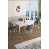 Canisa Concept Han Serisi 70 x 114 Cm, Açılabilir Mdf Mutfak Masa Takımı, Beyaz Mermer Desen Masa ve 4 Sandalye - Füme