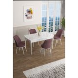 Canisa Concept Han Serisi 70 x 114 Cm, Açılabilir Mdf Mutfak Masa Takımı, Beyaz Mermer Desen Masa ve 4 Sandalye - Gülkurusu
