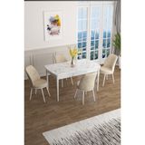 Canisa Concept Han Serisi 70 x 114 Cm, Açılabilir Mdf Mutfak Masa Takımı, Beyaz Mermer Desen Masa ve 4 Sandalye - Krem