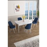 Canisa Concept Han Serisi 70 x 114 Cm, Açılabilir Mdf Mutfak Masa Takımı, Beyaz Mermer Desen Masa ve 4 Sandalye - Lacivert