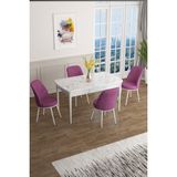 Canisa Concept Han Serisi 70 x 114 Cm, Açılabilir Mdf Mutfak Masa Takımı, Beyaz Mermer Desen Masa ve 4 Sandalye - Mor