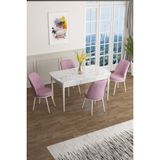 Canisa Concept Han Serisi 70 x 114 Cm, Açılabilir Mdf Mutfak Masa Takımı, Beyaz Mermer Desen Masa ve 4 Sandalye - Pembe
