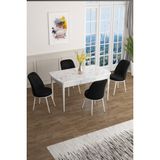 Canisa Concept Han Serisi 70 x 114 Cm, Açılabilir Mdf Mutfak Masa Takımı, Beyaz Mermer Desen Masa ve 4 Sandalye - Siyah