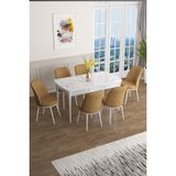 Canisa Concept Han Serisi 70 x 114 Cm, Açılabilir Mdf Mutfak Masa Takımı, Beyaz Mermer Desen Masa ve 6 Sandalye - Cappuccino