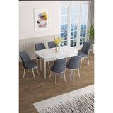 Canisa Concept Han Serisi 70 x 114 Cm, Açılabilir Mdf Mutfak Masa Takımı, Beyaz Mermer Desen Masa ve 6 Sandalye - Füme