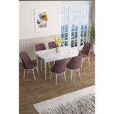 Canisa Concept Han Serisi 70 x 114 Cm, Açılabilir Mdf Mutfak Masa Takımı, Beyaz Mermer Desen Masa ve 6 Sandalye - Gülkurusu
