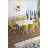 Canisa Concept Han Serisi 70 x 114 Cm, Açılabilir Mdf Mutfak Masa Takımı, Beyaz Mermer Desen Masa ve 6 Sandalye - Hardal
