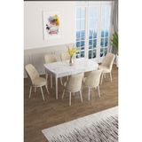 Canisa Concept Han Serisi 70 x 114 Cm, Açılabilir Mdf Mutfak Masa Takımı, Beyaz Mermer Desen Masa ve 6 Sandalye - Krem