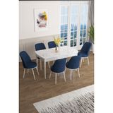 Canisa Concept Han Serisi 70 x 114 Cm, Açılabilir Mdf Mutfak Masa Takımı, Beyaz Mermer Desen Masa ve 6 Sandalye - Lacivert