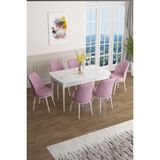 Canisa Concept Han Serisi 70 x 114 Cm, Açılabilir Mdf Mutfak Masa Takımı, Beyaz Mermer Desen Masa ve 6 Sandalye - Pembe