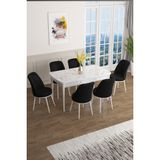 Canisa Concept Han Serisi 70 x 114 Cm, Açılabilir Mdf Mutfak Masa Takımı, Beyaz Mermer Desen Masa ve 6 Sandalye - Siyah