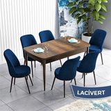 Canisa Concept Han Serisi 70X114 Açılabilir Mdf Barok Ahşap Desen Mutfak Masası Takımı 6 Sandalye - Lacivert