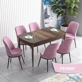 Canisa Concept Han Serisi 70X114 Açılabilir Mdf Barok Ahşap Desen Mutfak Masası Takımı 6 Sandalye - Pembe