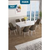 Canisa Concept Han Serisi, 70X114 Açılabilir Mdf Masa Takımı, Beyaz Mermer Desen Masa Ve 6 Kahve Sandalye