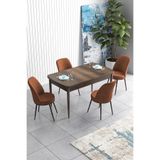 Canisa Concept Han Serisi 70x114 Açılabilir MDF Mutfak Masa Takımı, Barok Ahşap Desen Masa, 4 Kiremit Sandalye
