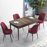 Canisa Concept Han Serisi 70X114, Açılabilir Mdf Mutfak Masa Takımı, Barok Ahşap Desen Masa ve 4 Sandalye - Bordo